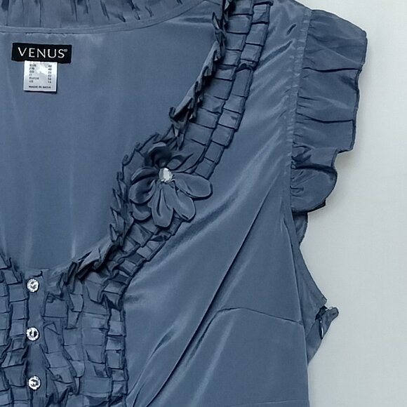 Venus Size 14 Blue Gray Metallic Ruffle Collar Short Cap Sleeve Top - Picture 9 of 10